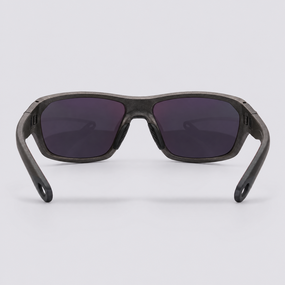 Trailvision Outrider sunglasses, metallic Gunmetal frame with polarized Purple Mirror lenses, back view