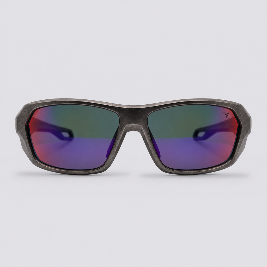 Trailvision Outrider sunglasses, metallic Gunmetal frame with polarized Purple Mirror lenses, front view
