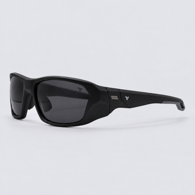 Trailvision Outrider sunglasses, Matte Black frame with polarized Smoke lenses, angle view