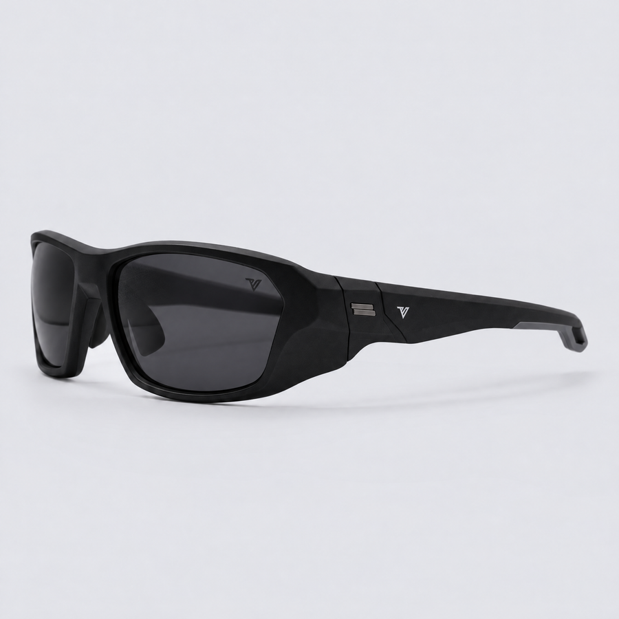 Trailvision Outrider sunglasses, Matte Black frame with polarized Smoke lenses, angle view