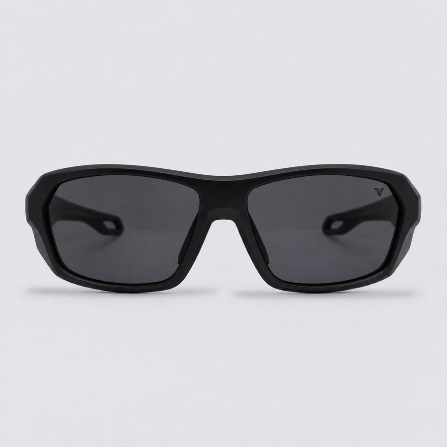 Trailvision Outrider sunglasses, Matte Black frame with polarized Smoke lenses, front view