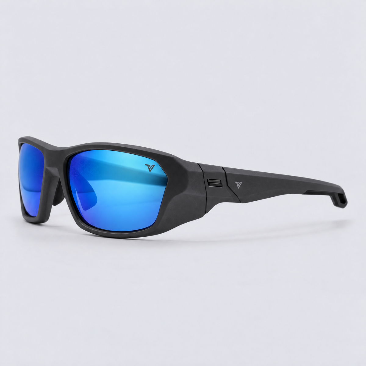 Trailvision Outrider sunglasses, Matte Grey frame with polarized Ice Blue Mirror lenses, angle view