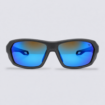 Trailvision Outrider sunglasses, Matte Grey frame with polarized Ice Blue Mirror lenses, front view
