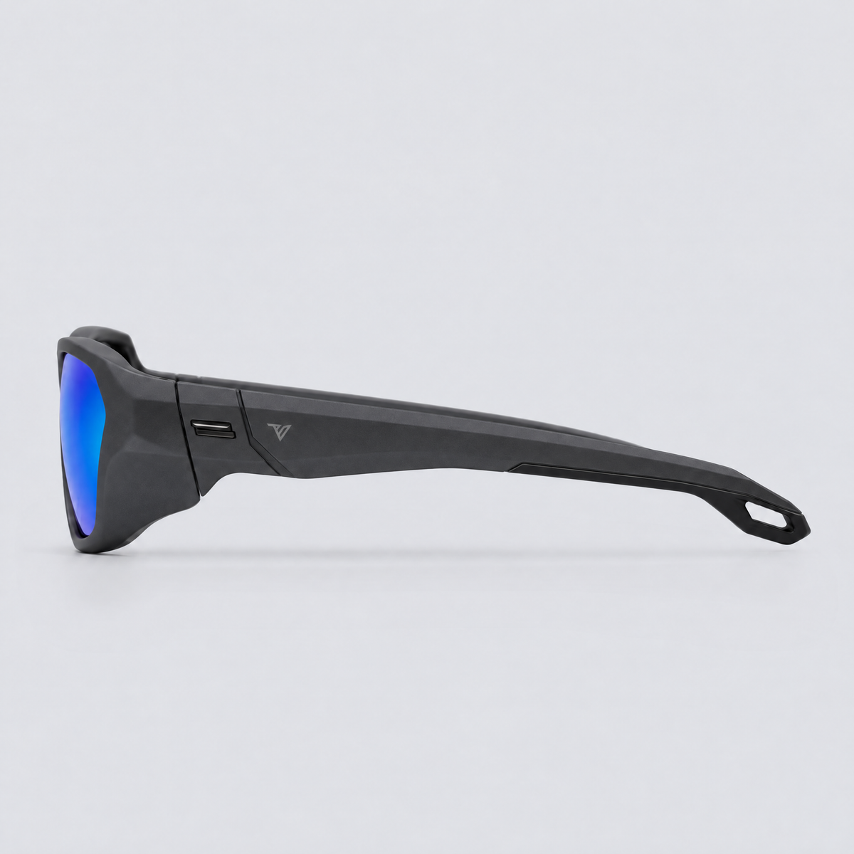 Trailvision Outrider sunglasses, Matte Grey frame with polarized Ice Blue Mirror lenses, side view