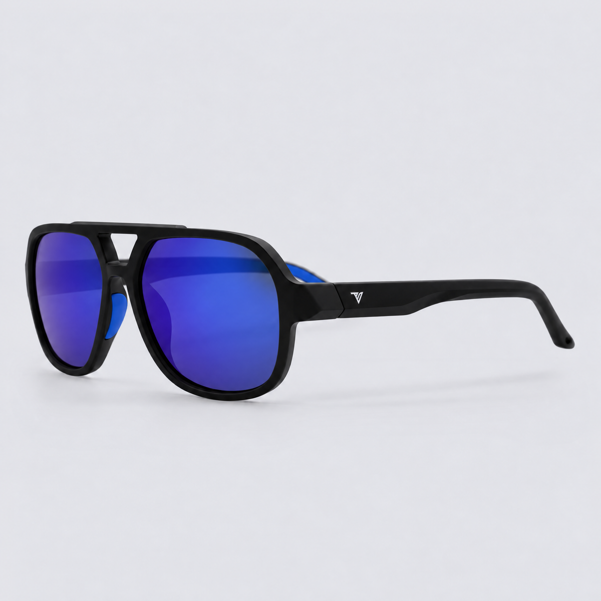 Trailvision Overland sunglasses, Matte Black frame with blue accents and polarized Blue Mirror lenses, angle view