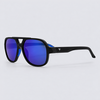 Trailvision Overland sunglasses, Matte Black frame with blue accents and polarized Blue Mirror lenses, angle view