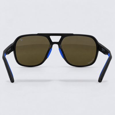 Trailvision Overland sunglasses, Matte Black frame with blue accents and polarized Blue Mirror lenses, back view