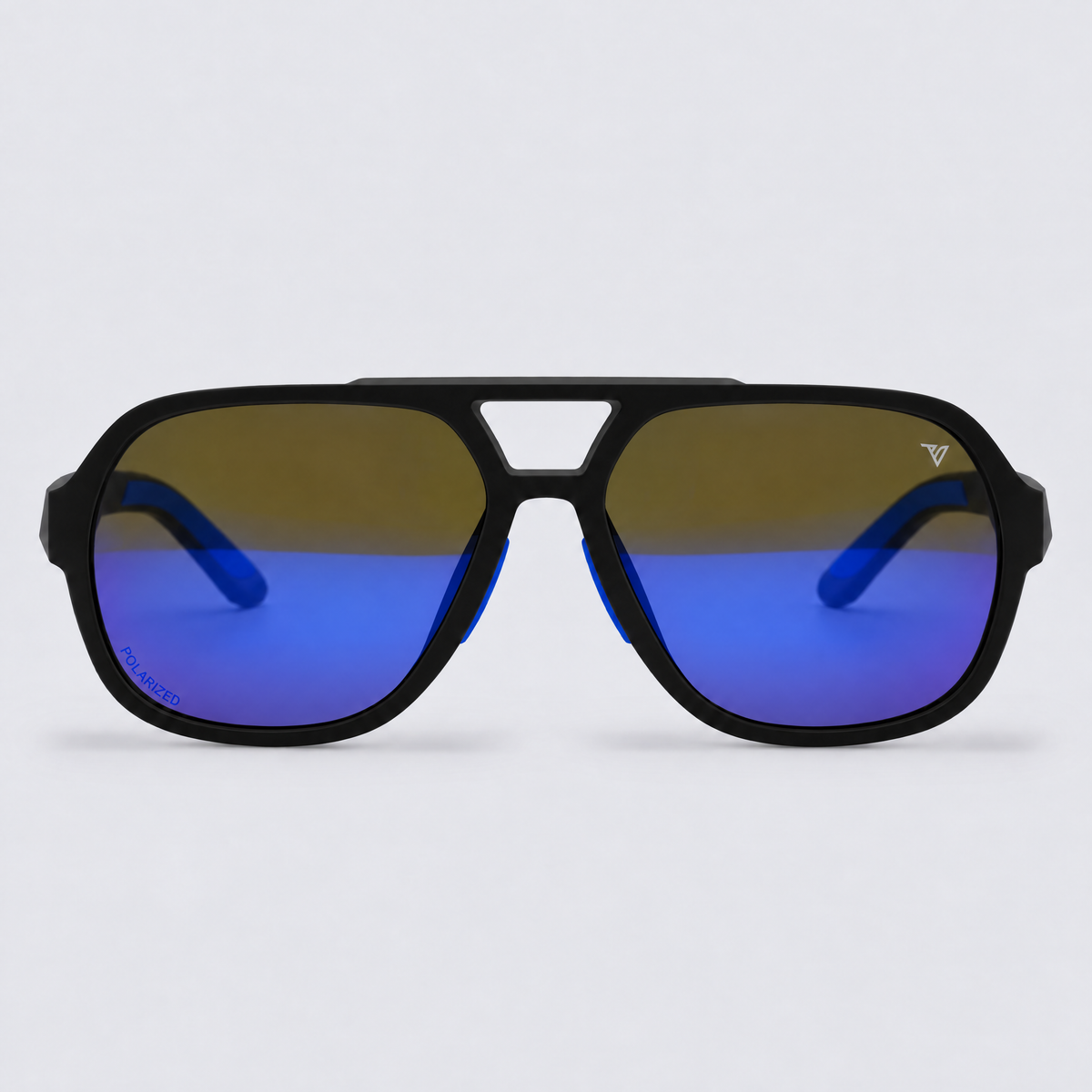 Trailvision Overland sunglasses, Matte Black frame with blue accents and polarized Blue Mirror lenses, front view