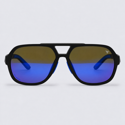 Trailvision Overland sunglasses, Matte Black frame with blue accents and polarized Blue Mirror lenses, front view