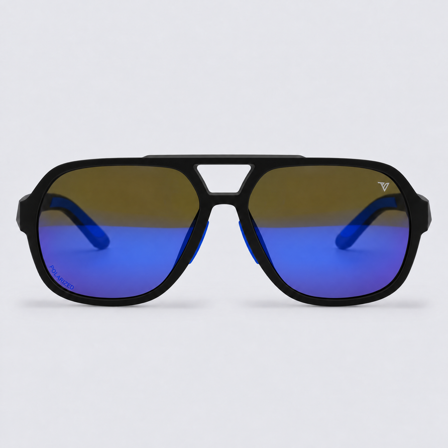 Trailvision Overland sunglasses, Matte Black frame with blue accents and polarized Blue Mirror lenses, front view