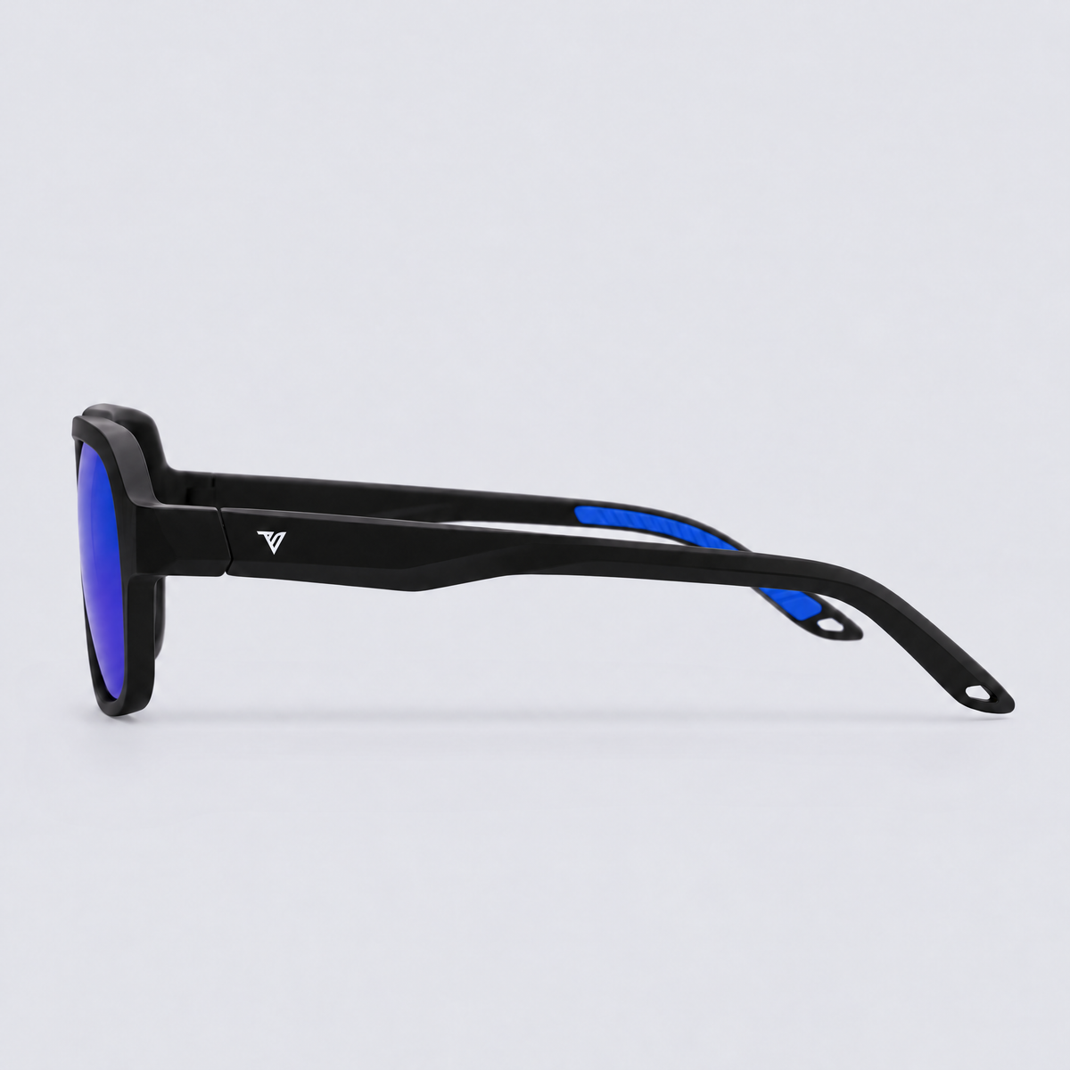 Trailvision Overland sunglasses, Matte Black frame with blue accents and polarized Blue Mirror lenses, side view