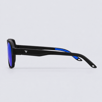 Trailvision Overland sunglasses, Matte Black frame with blue accents and polarized Blue Mirror lenses, side view