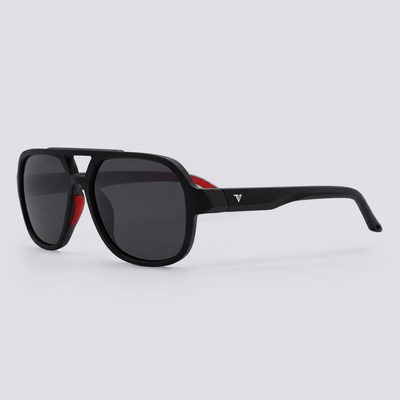 Trailvision Overland sunglasses, Matte Black frame with red accents and polarized Smoke lenses, angle view
