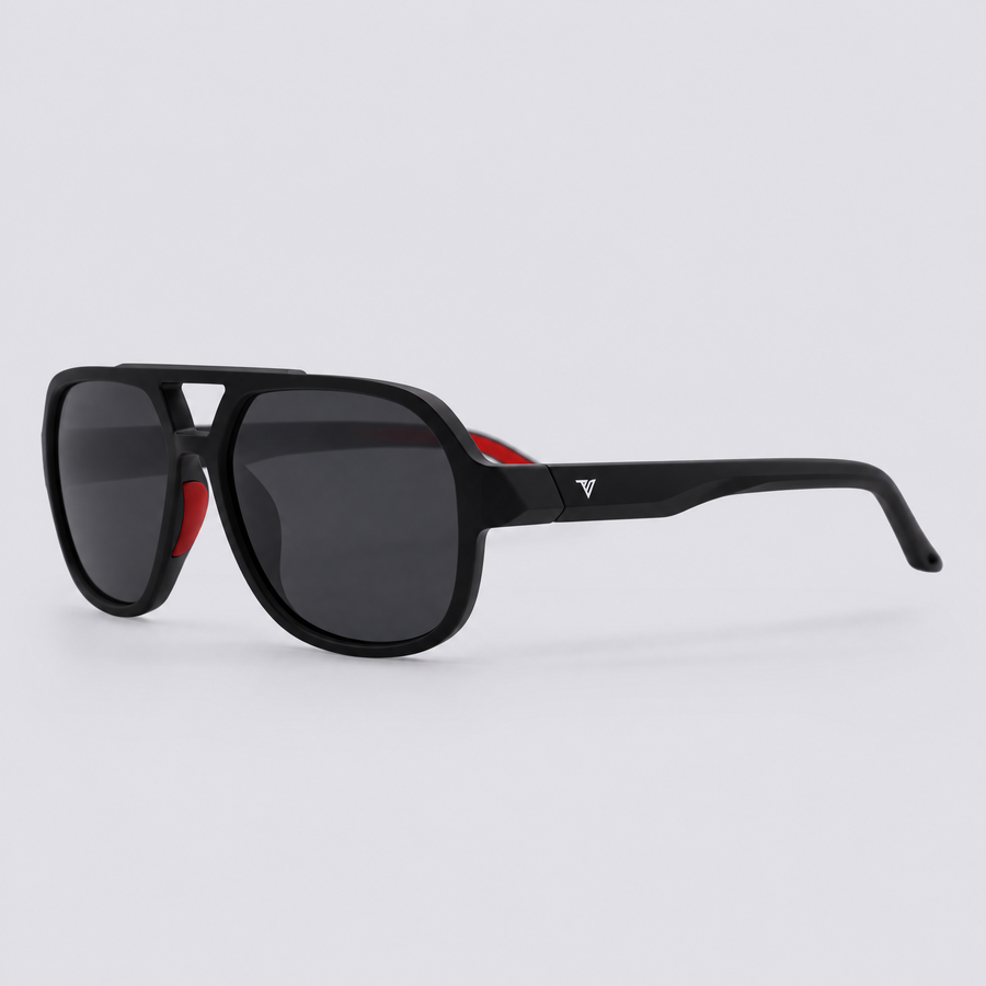 Trailvision Overland sunglasses, Matte Black frame with red accents and polarized Smoke lenses, angle view