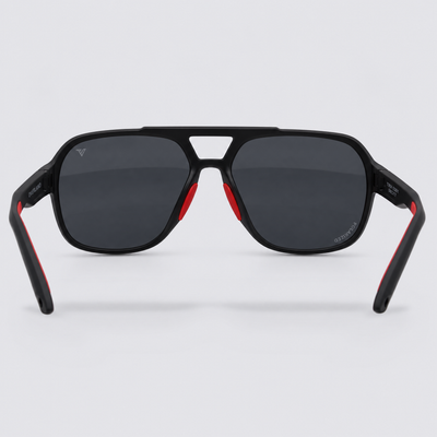 Trailvision Overland sunglasses, Matte Black frame with red accents and polarized Smoke lenses, back view