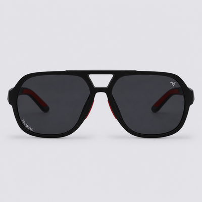 Trailvision Overland sunglasses, Matte Black frame with red accents and polarized Smoke lenses, front view
