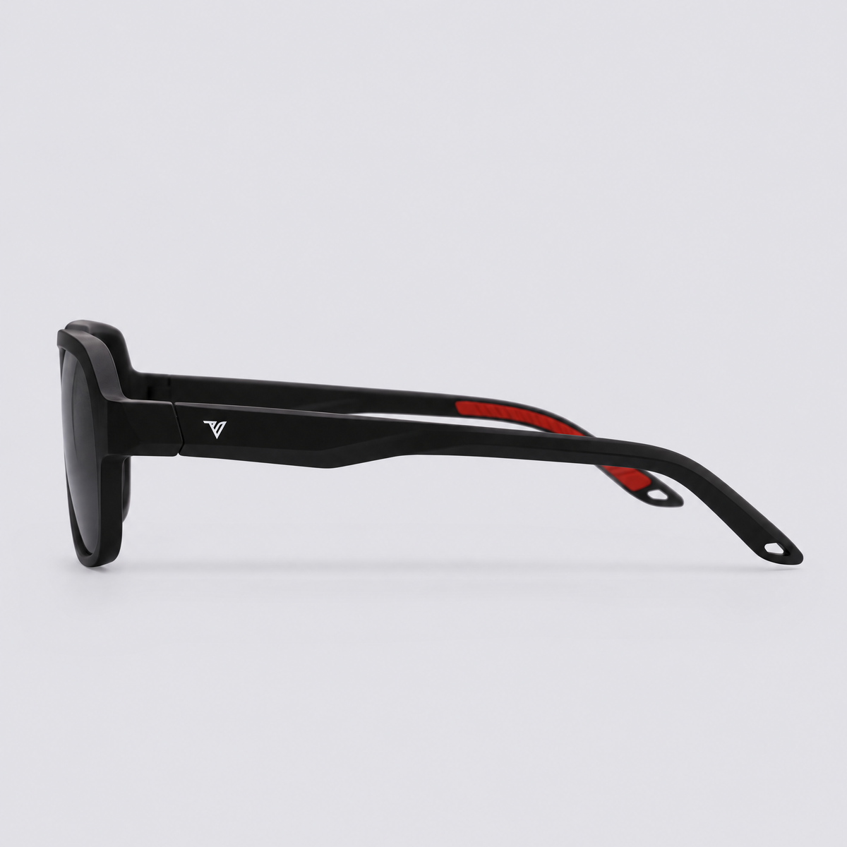 Trailvision Overland sunglasses, Matte Black frame with red accents and polarized Smoke lenses, side view