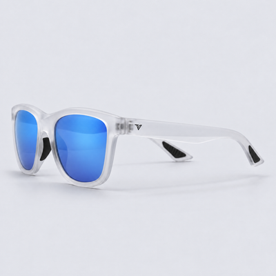 Trailvision Redrock sunglasses, Frosted Clear frame with polarized Ice Blue Mirror lenses, angle view