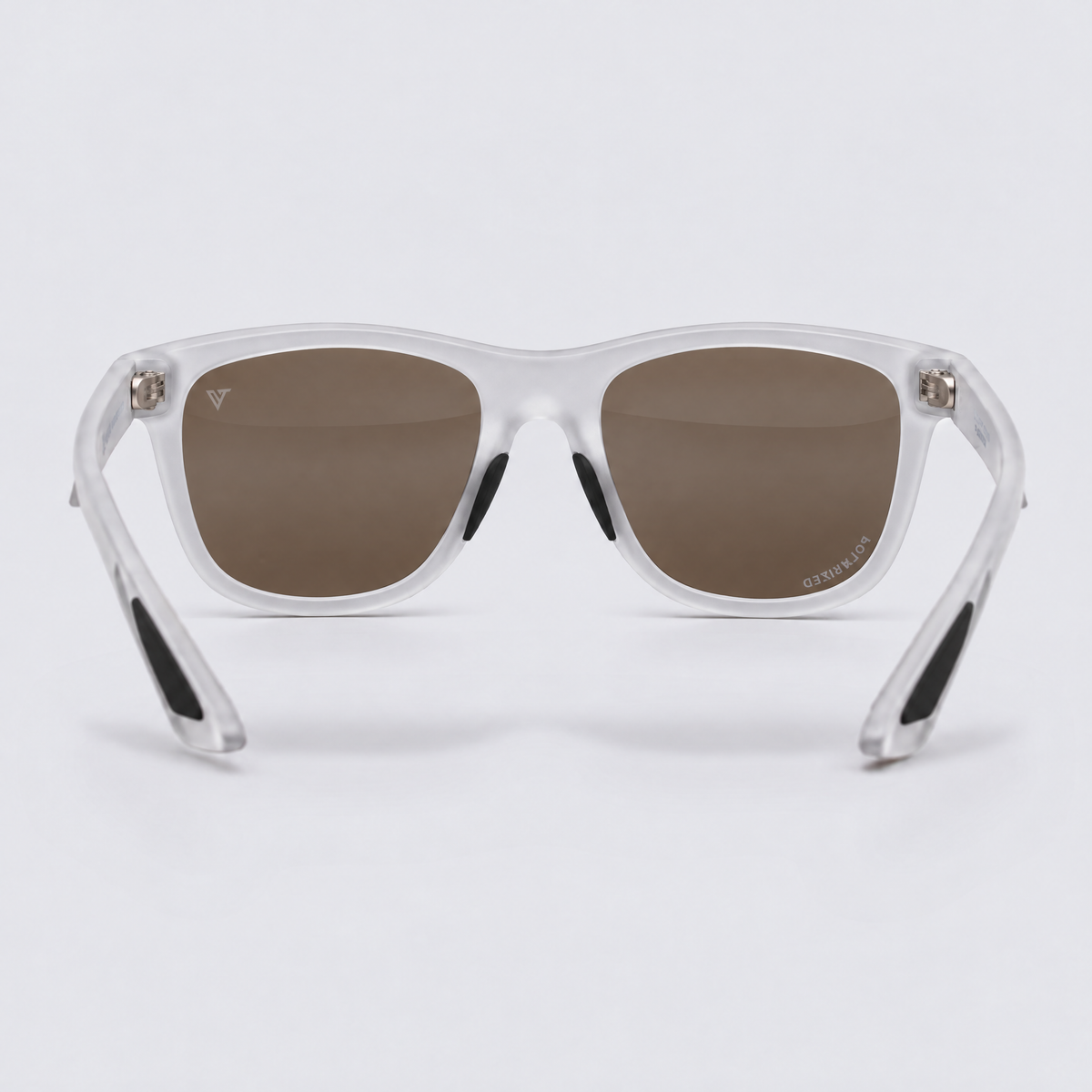 Trailvision Redrock sunglasses, Frosted Clear frame with polarized Ice Blue Mirror lenses, back view