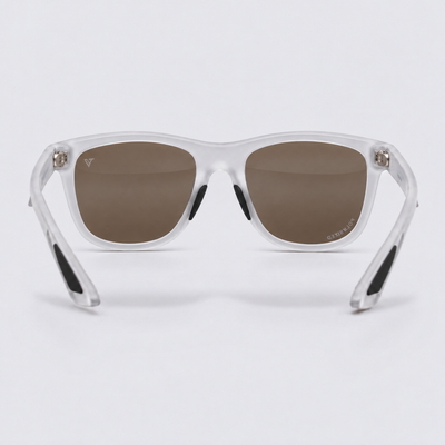 Trailvision Redrock sunglasses, Frosted Clear frame with polarized Ice Blue Mirror lenses, back view