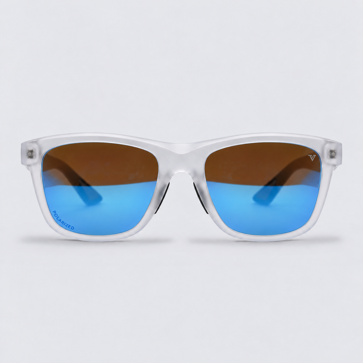Trailvision Redrock sunglasses, Frosted Clear frame with polarized Ice Blue Mirror lenses, front view