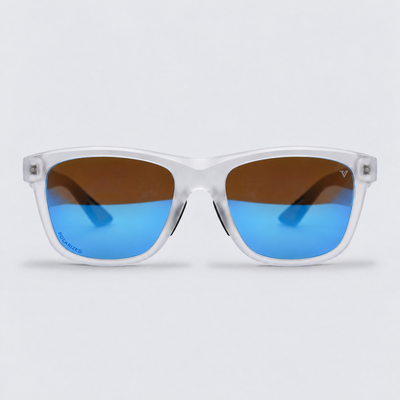 Trailvision Redrock sunglasses, Frosted Clear frame with polarized Ice Blue Mirror lenses, front view