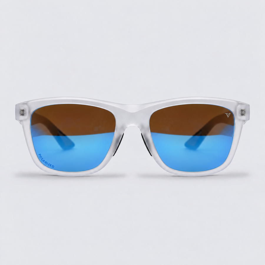 Trailvision Redrock sunglasses, Frosted Clear frame with polarized Ice Blue Mirror lenses, front view