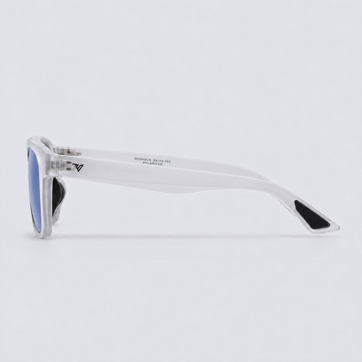 Trailvision Redrock sunglasses, Frosted Clear frame with polarized Ice Blue Mirror lenses, side view
