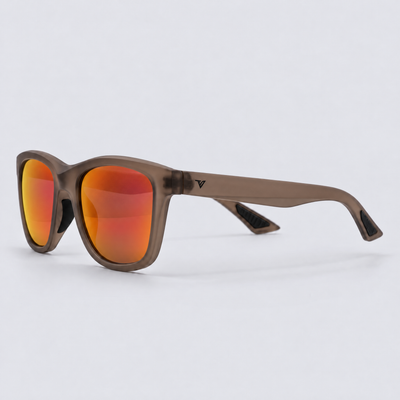Trailvision Redrock sunglasses, Frosted Smoke Brown frame with polarized Red Mirror lenses, angle view