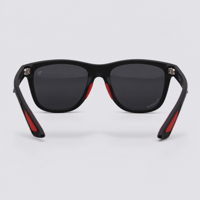 Trailvision Redrock sunglasses, Matte Black frame with red accents and polarized Smoke lenses, back view