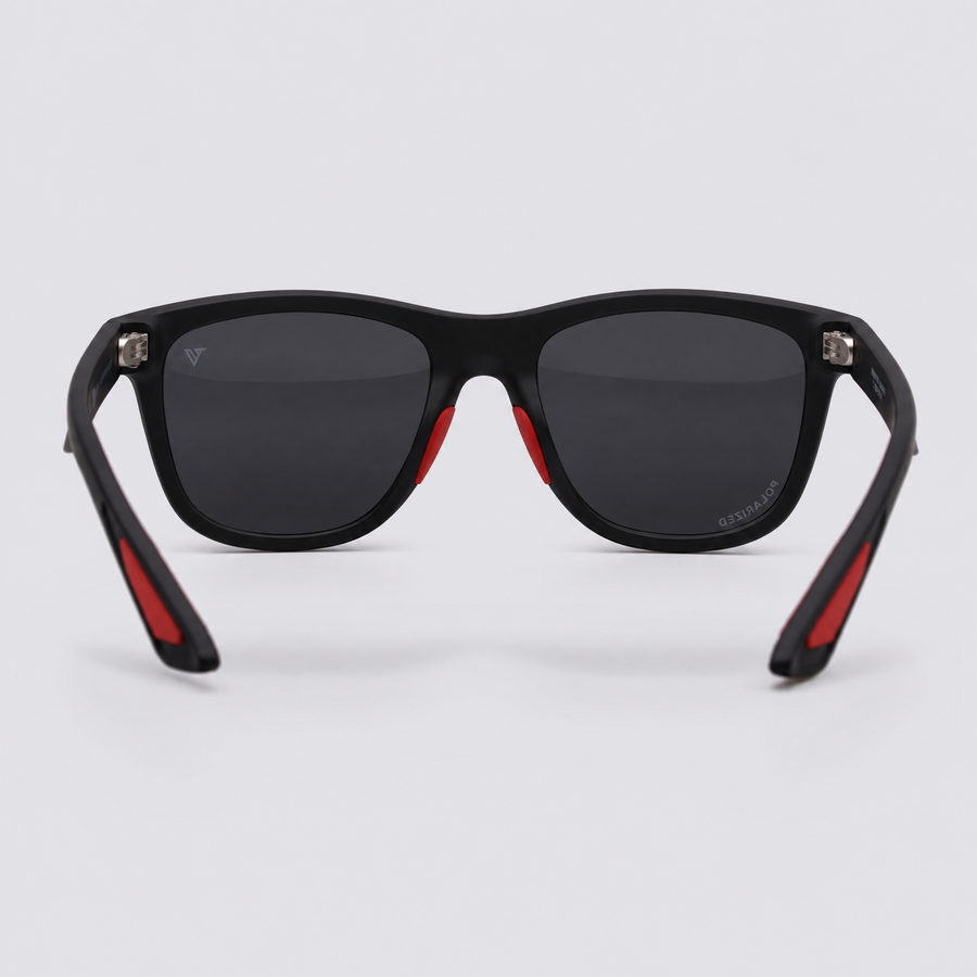 Trailvision Redrock sunglasses, Matte Black frame with red accents and polarized Smoke lenses, back view