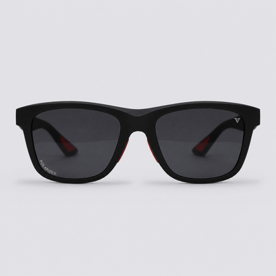 Trailvision Redrock sunglasses, Matte Black frame with red accents and polarized Smoke lenses, front view