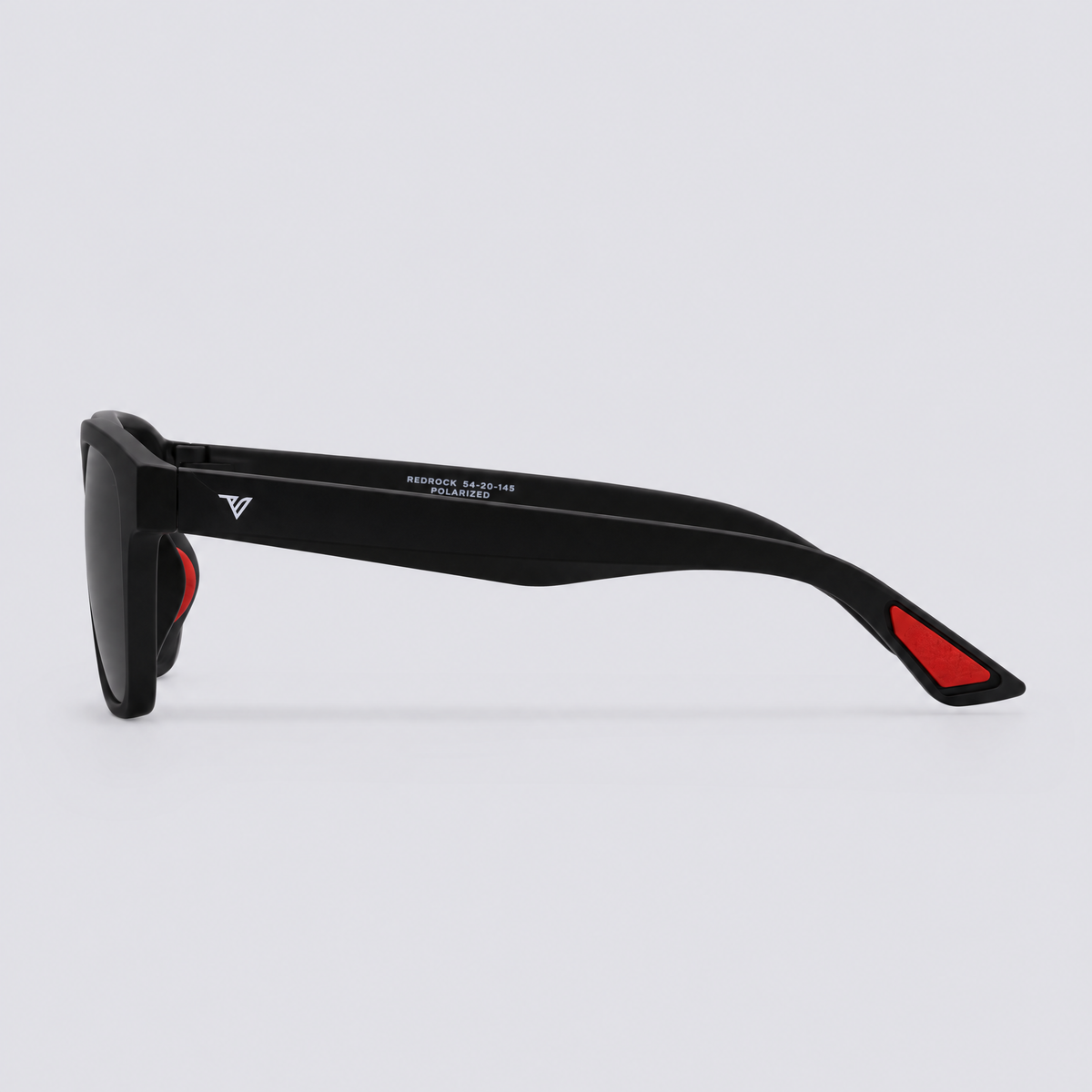 Trailvision Redrock sunglasses, Matte Black frame with red accents and polarized Smoke lenses, side view