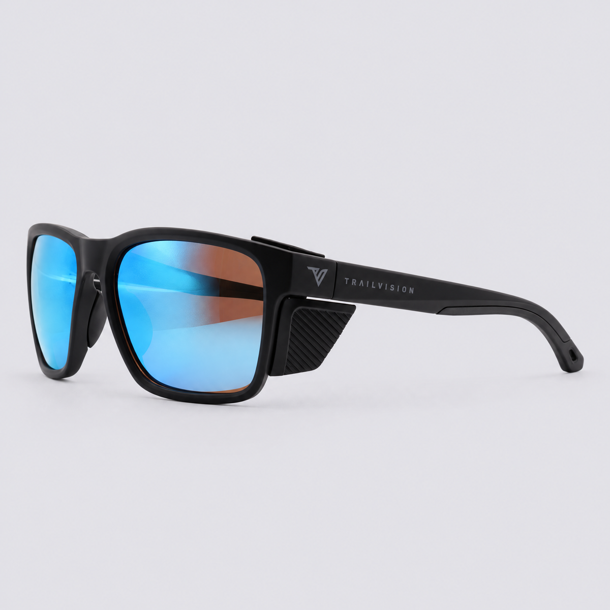 Ridgeline polarized sunglasses, Matte Black frame, Ice Blue mirror lenses – angle view