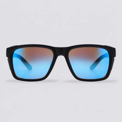 Ridgeline polarized sunglasses, Matte Black frame, Ice Blue mirror lenses – front view