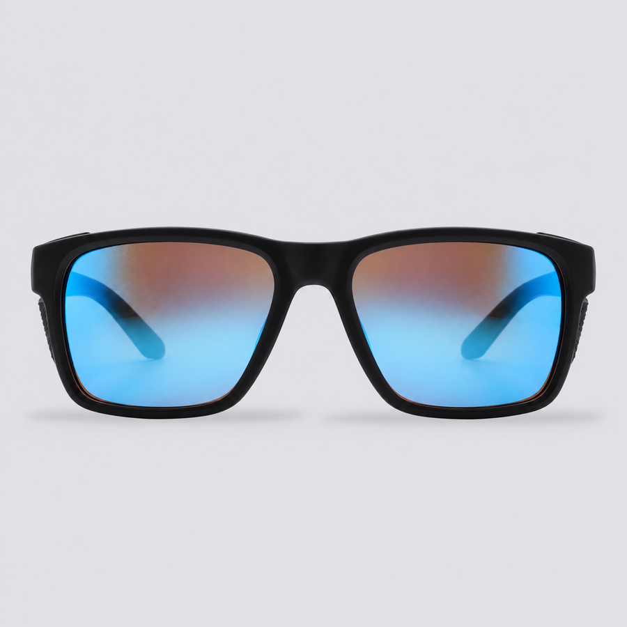 Ridgeline polarized sunglasses, Matte Black frame, Ice Blue mirror lenses – front view