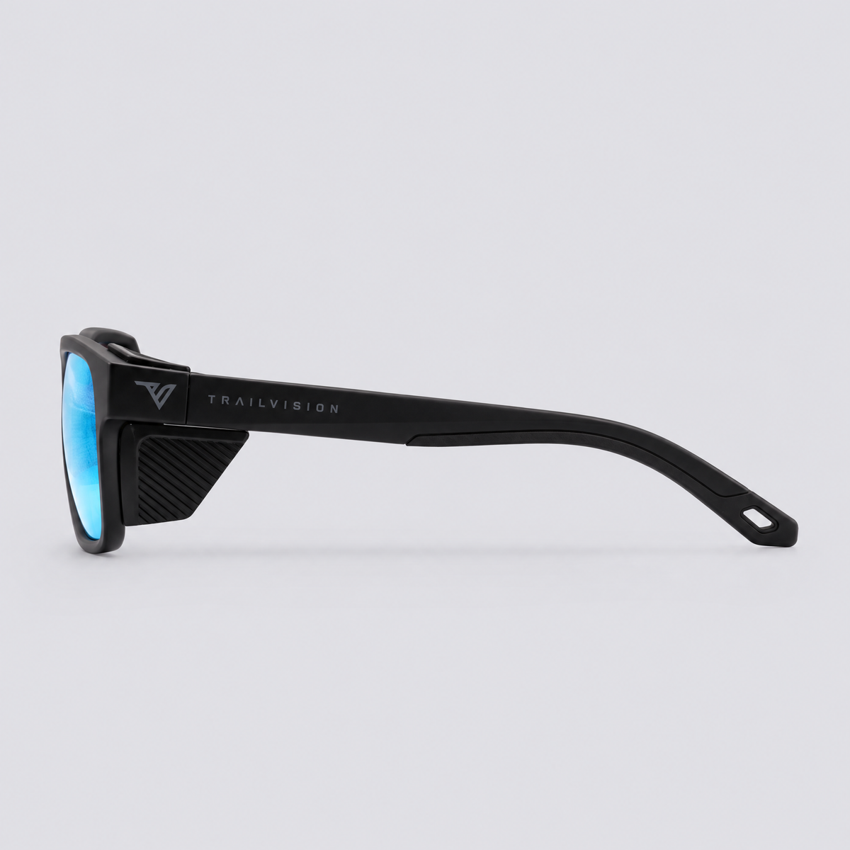 Ridgeline polarized sunglasses, Matte Black frame, Ice Blue mirror lenses – side view