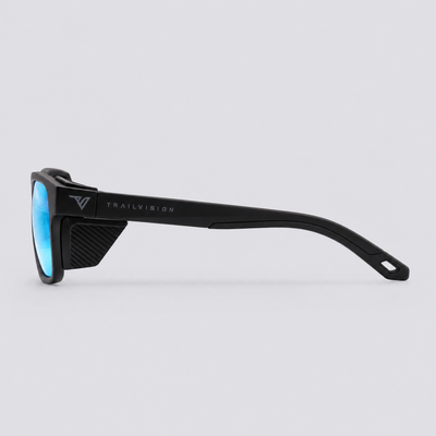 Ridgeline polarized sunglasses, Matte Black frame, Ice Blue mirror lenses – side view