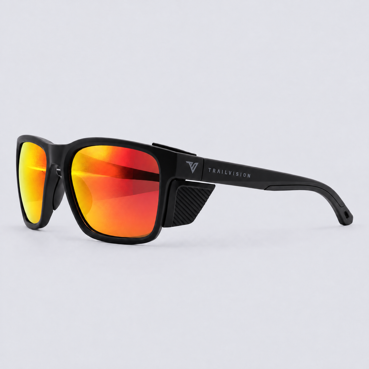 Ridgeline polarized sunglasses, Matte Black frame, Red mirror lenses – angle view