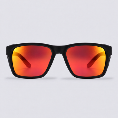 Ridgeline polarized sunglasses, Matte Black frame, Red mirror lenses – front view