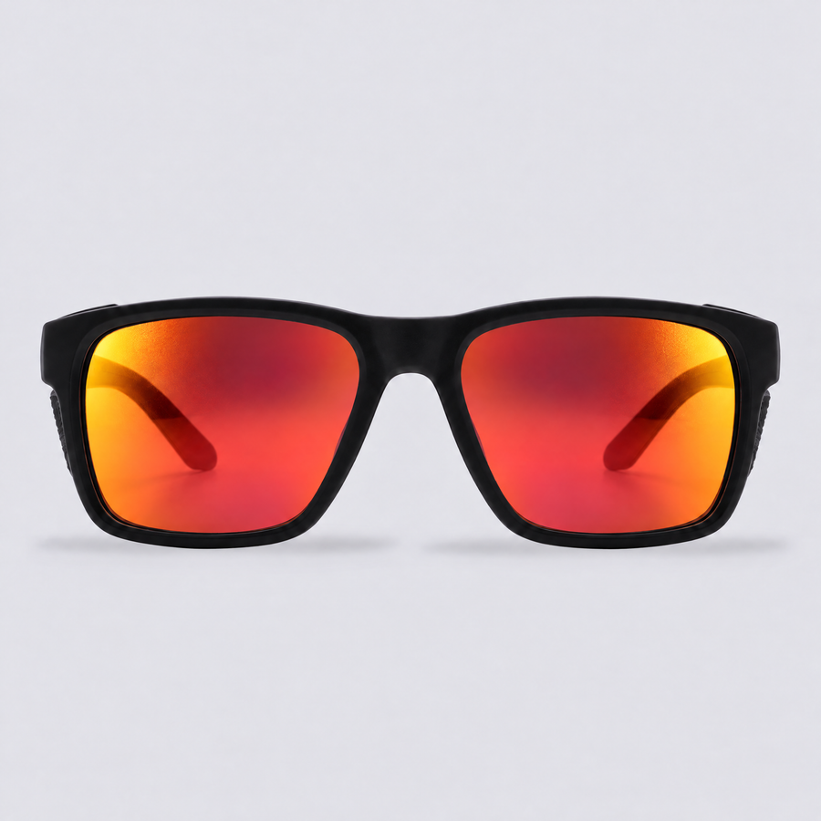 Ridgeline polarized sunglasses, Matte Black frame, Red mirror lenses – front view