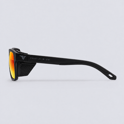 Ridgeline polarized sunglasses, Matte Black frame, Red mirror lenses – side view