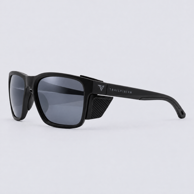 Ridgeline polarized sunglasses, Matte Black frame, Smoke lenses – angle view
