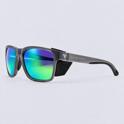 Ridgeline polarized sunglasses, Matte Crystal Dark Grey frame, Green mirror lenses – angle view