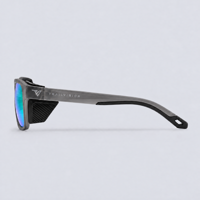 Ridgeline polarized sunglasses, Matte Crystal Dark Grey frame, Green mirror lenses – side view