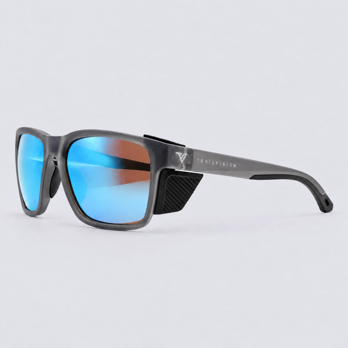 Ridgeline polarized sunglasses, Matte Crystal Dark Grey frame, Ice Blue mirror lenses – angle view