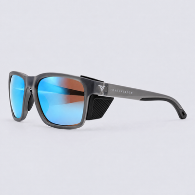 Ridgeline polarized sunglasses, Matte Crystal Dark Grey frame, Ice Blue mirror lenses – angle view