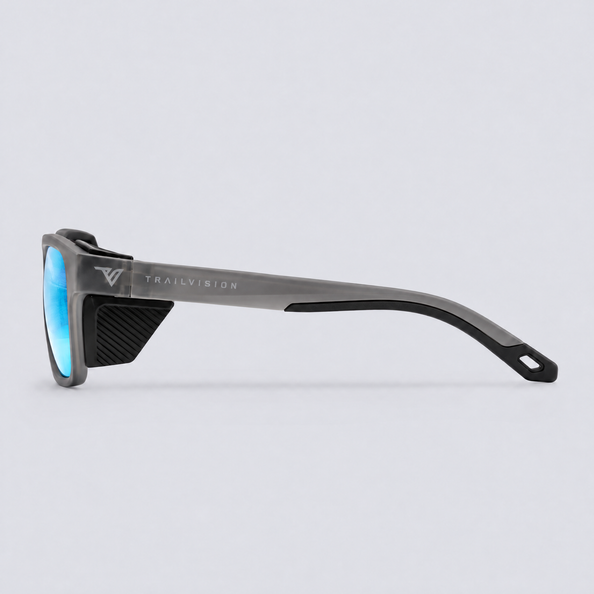 Ridgeline polarized sunglasses, Matte Crystal Dark Grey frame, Ice Blue mirror lenses – side view