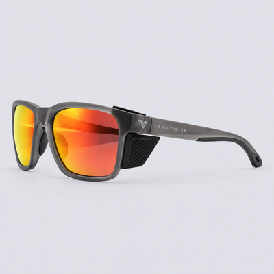 Ridgeline polarized sunglasses, Matte Crystal Dark Grey frame, Red mirror lenses – angle view