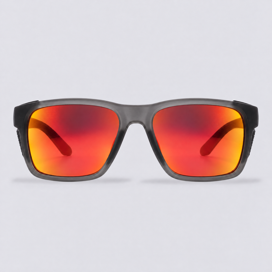 Ridgeline polarized sunglasses, Matte Crystal Dark Grey frame, Red mirror lenses – front view